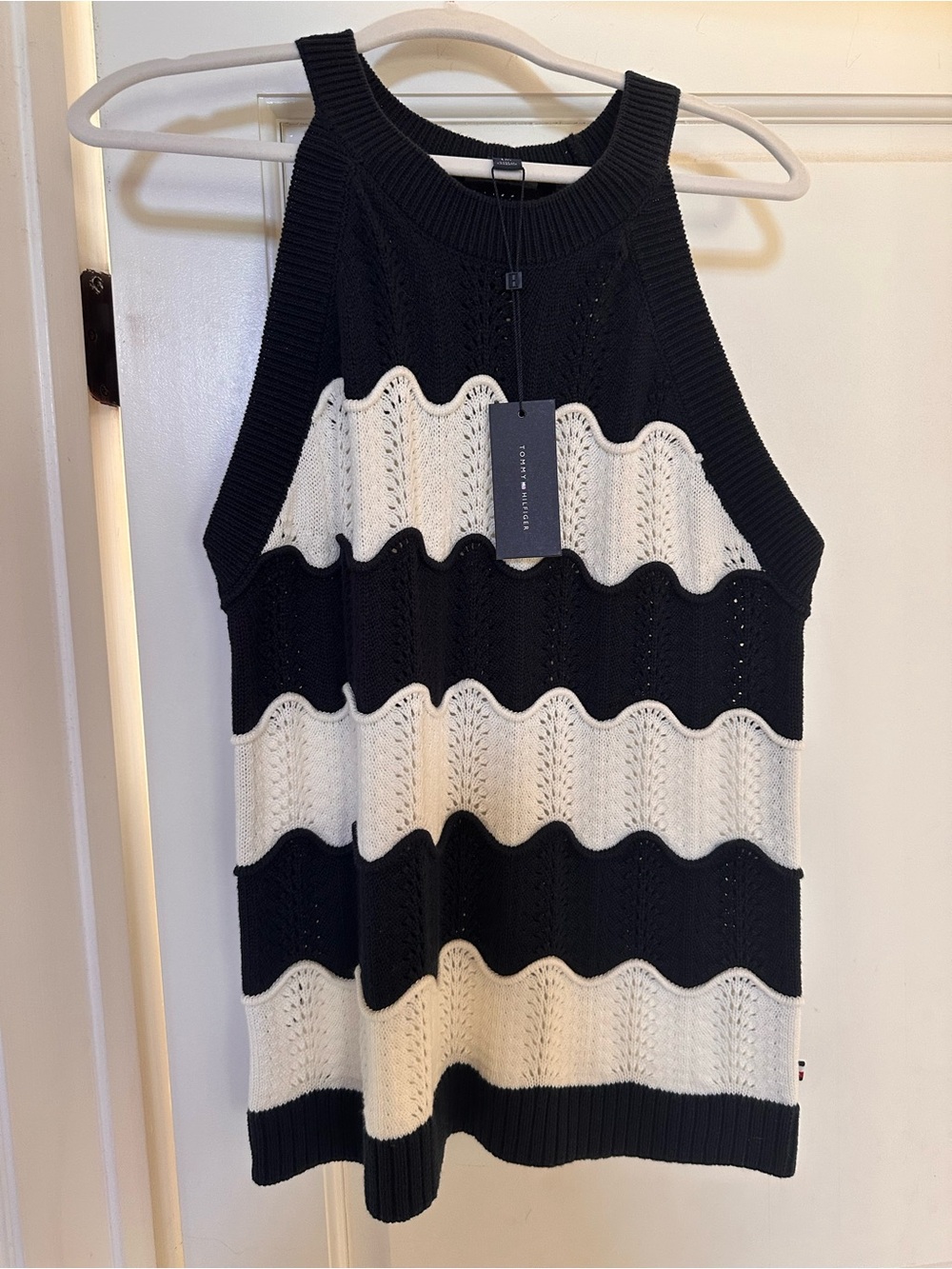 Tommy Hilfiger Striped Knit Halter Tank Top in Black & Cream Size Large NWT